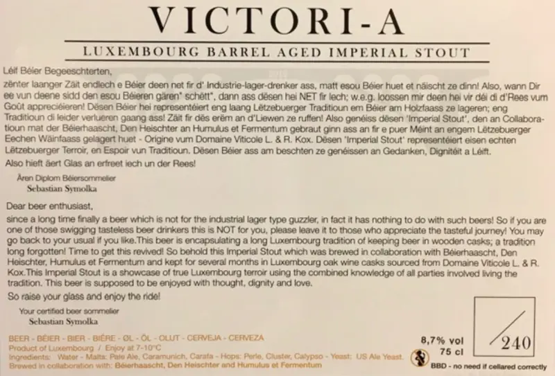 Humulus et Fermentum SARL - La Sommellerie de Bières Victori-A Luxembourg Barrel Aged Imperial Stout